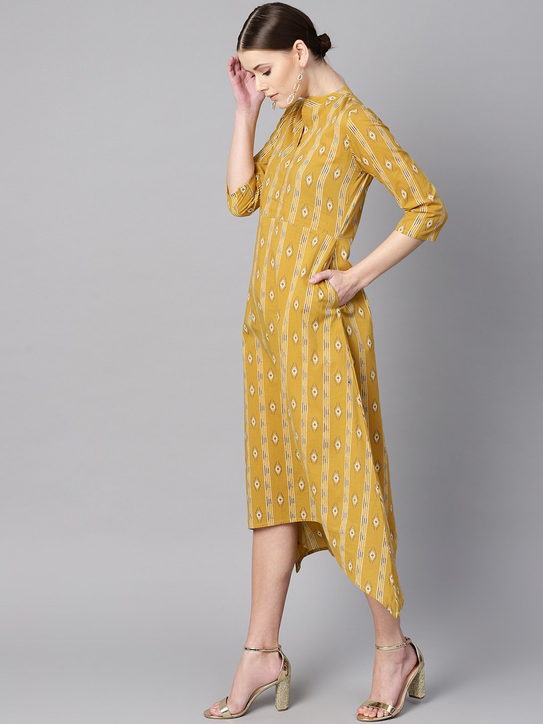 Mustard Yellow Color Ikat Printed Chinese Collar Dress With Placket Opening. | LASVINI - Redefining Indian Fashion with Elegance