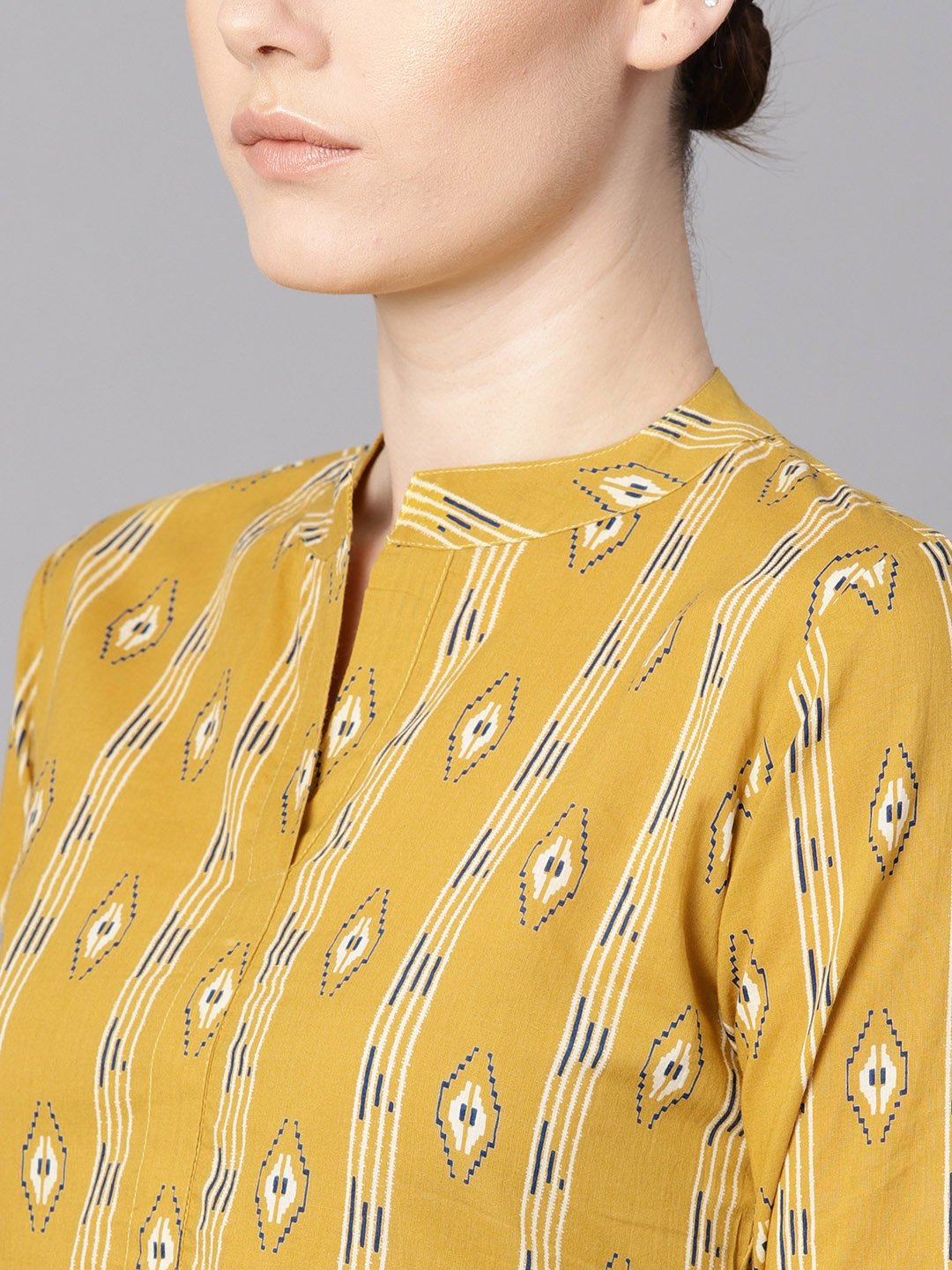 Mustard Yellow Color Ikat Printed Chinese Collar Dress With Placket Opening. | LASVINI - Redefining Indian Fashion with Elegance