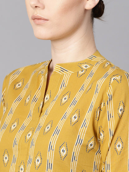 Mustard Yellow Color Ikat Printed Chinese Collar Dress With Placket Opening. | LASVINI - Redefining Indian Fashion with Elegance