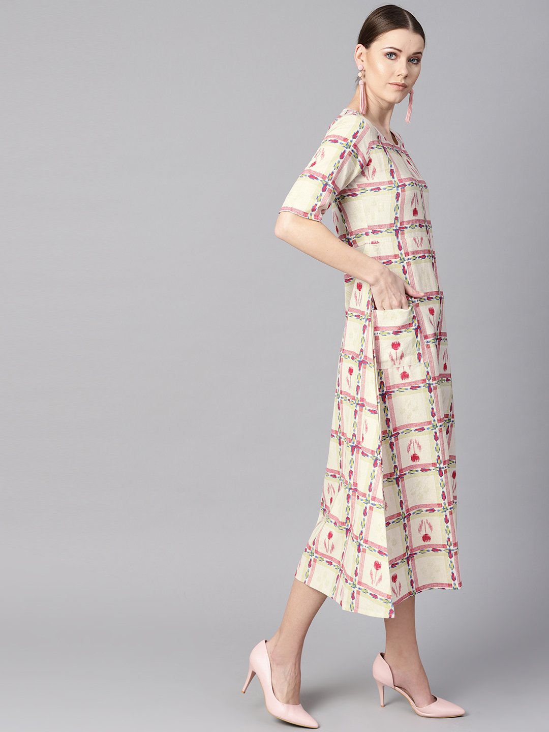 White Floral Ikat Print Square Neck Aline Dress With Front Pockets. | LASVINI - Redefining Indian Fashion with Elegance