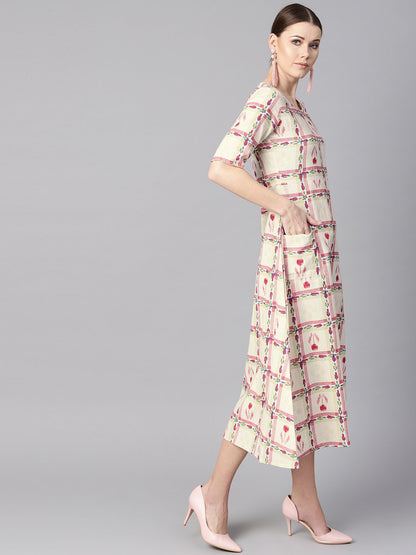 White Floral Ikat Print Square Neck Aline Dress With Front Pockets. | LASVINI - Redefining Indian Fashion with Elegance
