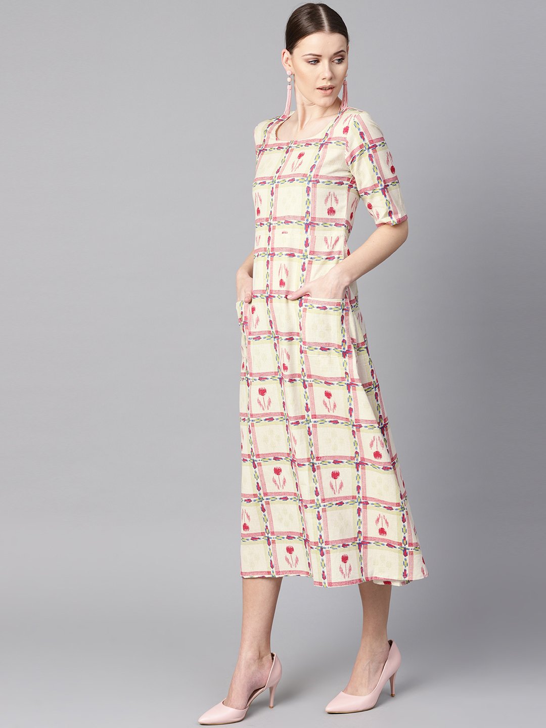 White Floral Ikat Print Square Neck Aline Dress With Front Pockets. | LASVINI - Redefining Indian Fashion with Elegance
