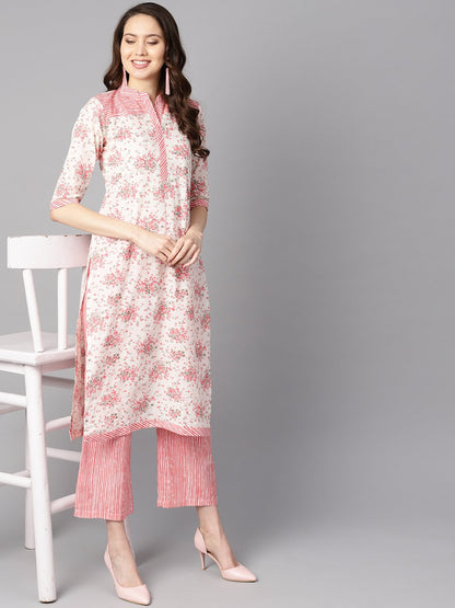 Off-White Floral Printed Straight Kurta With Stripped Yoke And Cigratte Pants. | LASVINI - Redefining Indian Fashion with Elegance