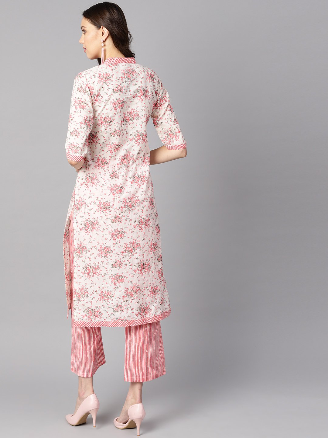 Off-White Floral Printed Straight Kurta With Stripped Yoke And Cigratte Pants. | LASVINI - Redefining Indian Fashion with Elegance