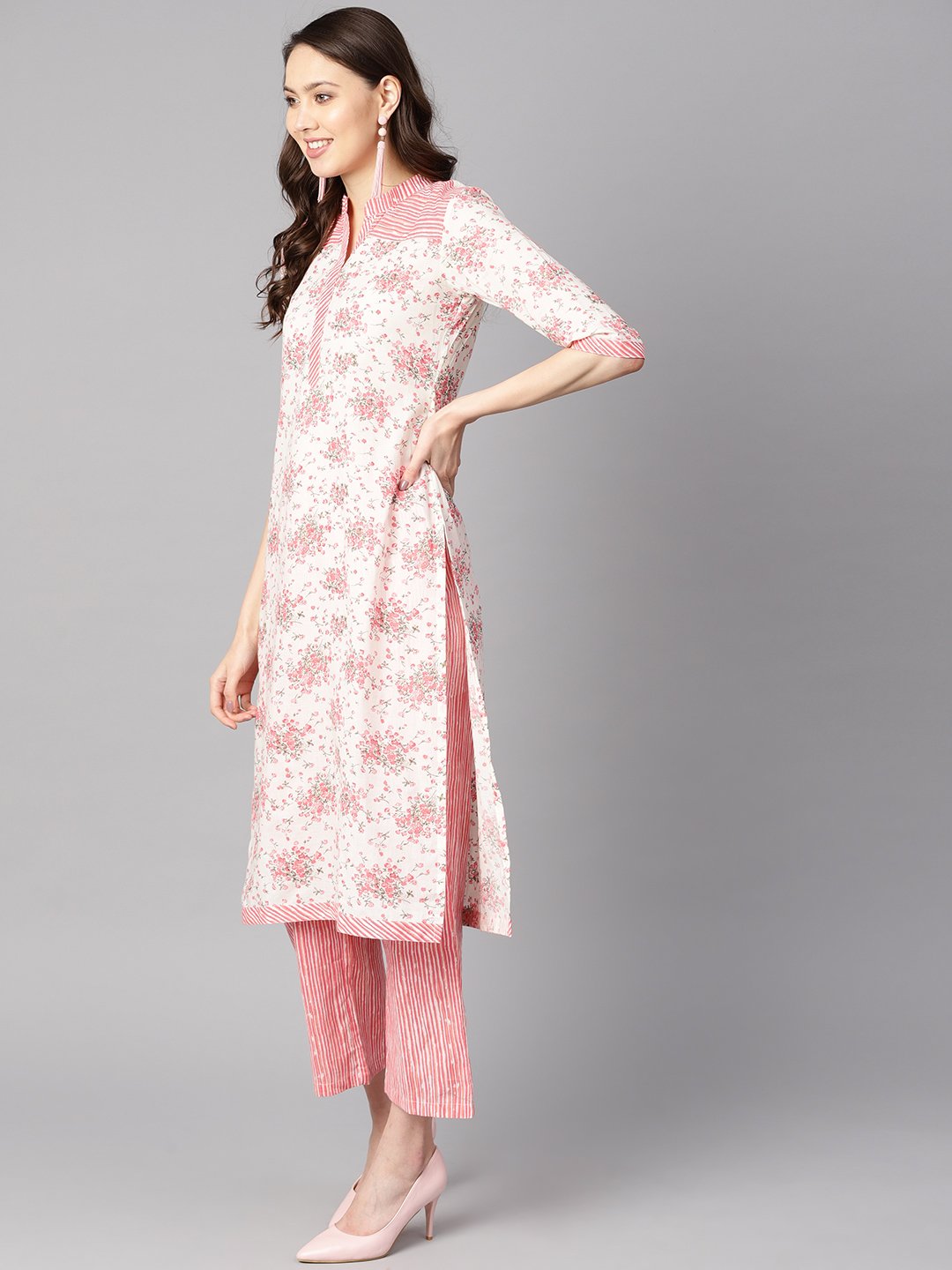 Off-White Floral Printed Straight Kurta With Stripped Yoke And Cigratte Pants. | LASVINI - Redefining Indian Fashion with Elegance