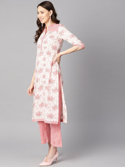 Off-White Floral Printed Straight Kurta With Stripped Yoke And Cigratte Pants. | LASVINI - Redefining Indian Fashion with Elegance