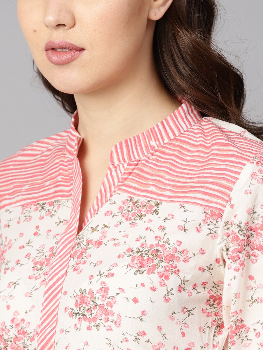 Off-White Floral Printed Straight Kurta With Stripped Yoke And Cigratte Pants. | LASVINI - Redefining Indian Fashion with Elegance