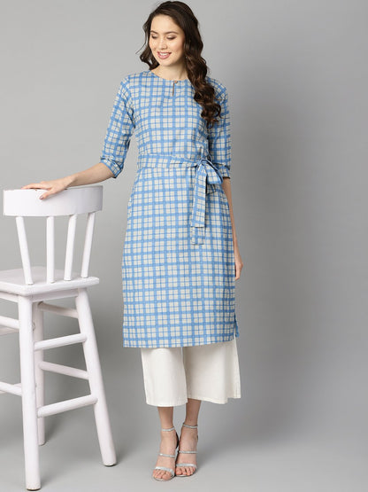 Blue Colored Checkered Boat Neck With Front Keyhole Kurta With Reversible Belt. | LASVINI - Redefining Indian Fashion with Elegance