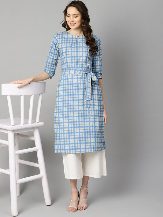 Blue Colored Checkered Boat Neck With Front Keyhole Kurta With Reversible Belt. | LASVINI - Redefining Indian Fashion with Elegance