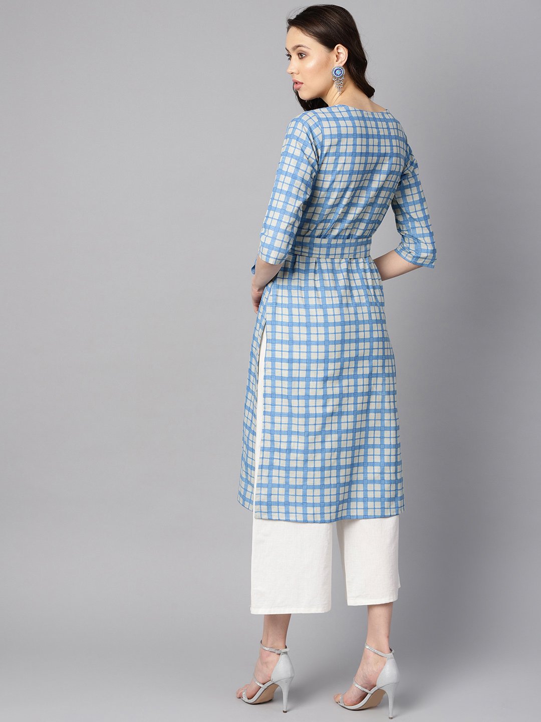 Blue Colored Checkered Boat Neck With Front Keyhole Kurta With Reversible Belt. | LASVINI - Redefining Indian Fashion with Elegance