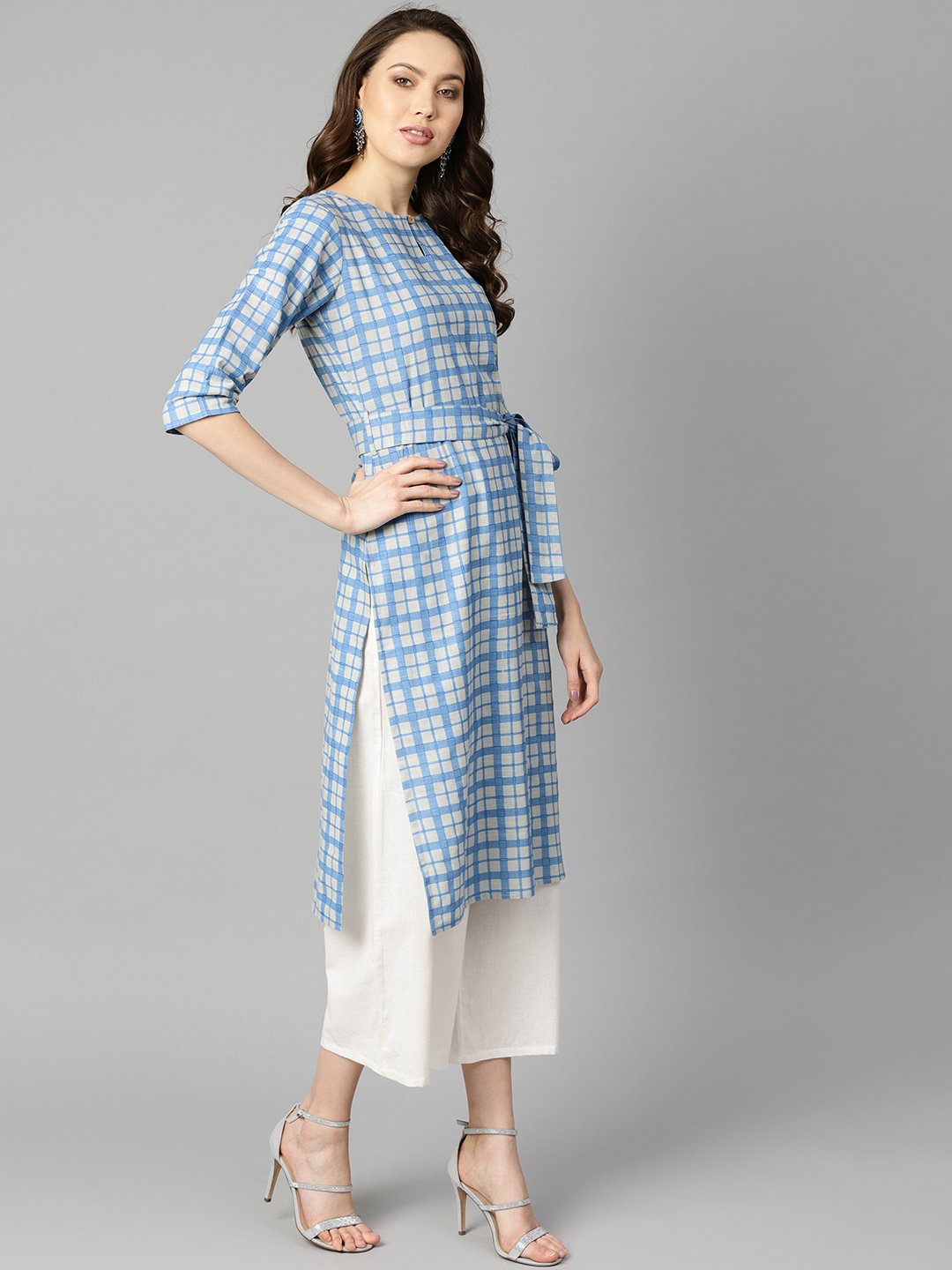 Blue Colored Checkered Boat Neck With Front Keyhole Kurta With Reversible Belt. | LASVINI - Redefining Indian Fashion with Elegance