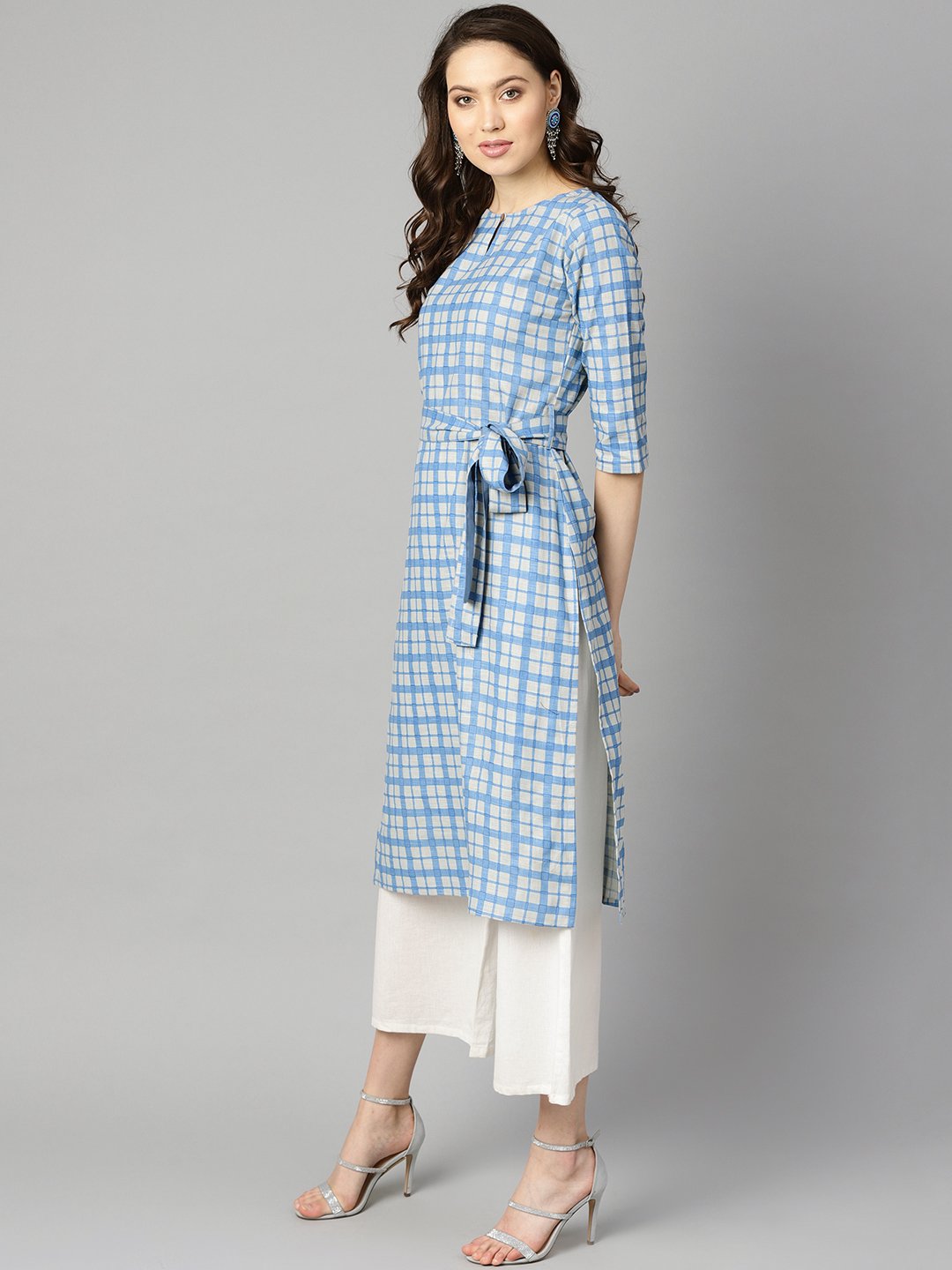Blue Colored Checkered Boat Neck With Front Keyhole Kurta With Reversible Belt. | LASVINI - Redefining Indian Fashion with Elegance