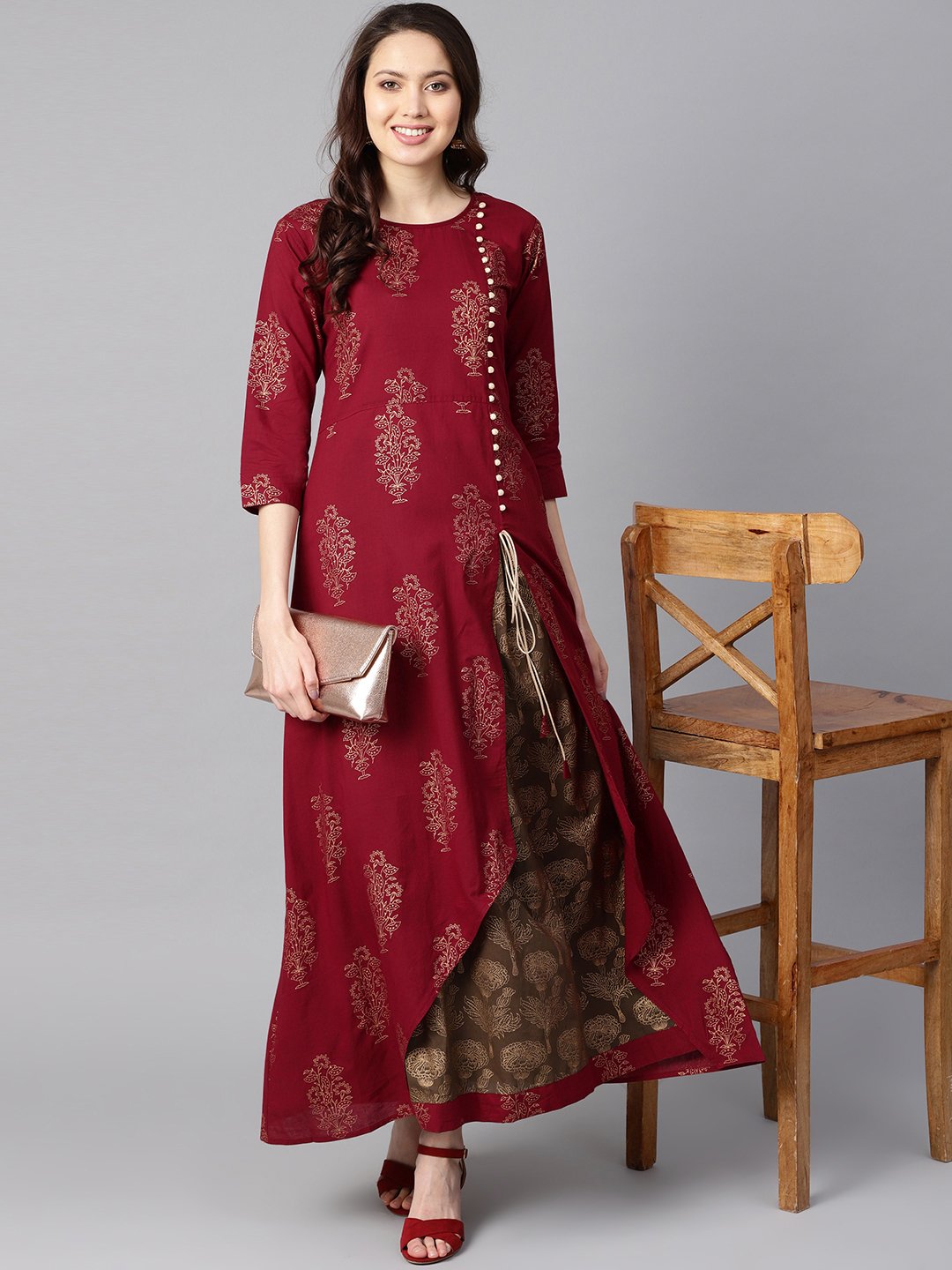 Maroon High-Low Gold Printed Kurta With Brown Printed Skirt | LASVINI - Redefining Indian Fashion with Elegance