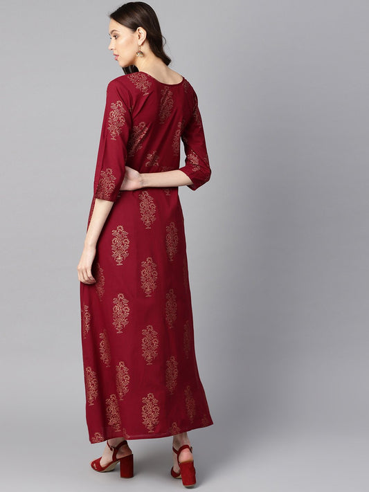 Maroon High-Low Gold Printed Kurta With Brown Printed Skirt | LASVINI - Redefining Indian Fashion with Elegance