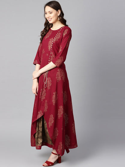 Maroon High-Low Gold Printed Kurta With Brown Printed Skirt | LASVINI - Redefining Indian Fashion with Elegance
