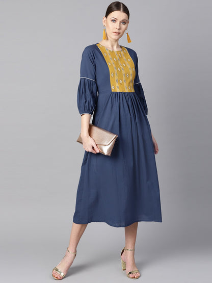 Solid Blue Dress With Front Printed Yoke & Pleated Sleeves | LASVINI - Redefining Indian Fashion with Elegance