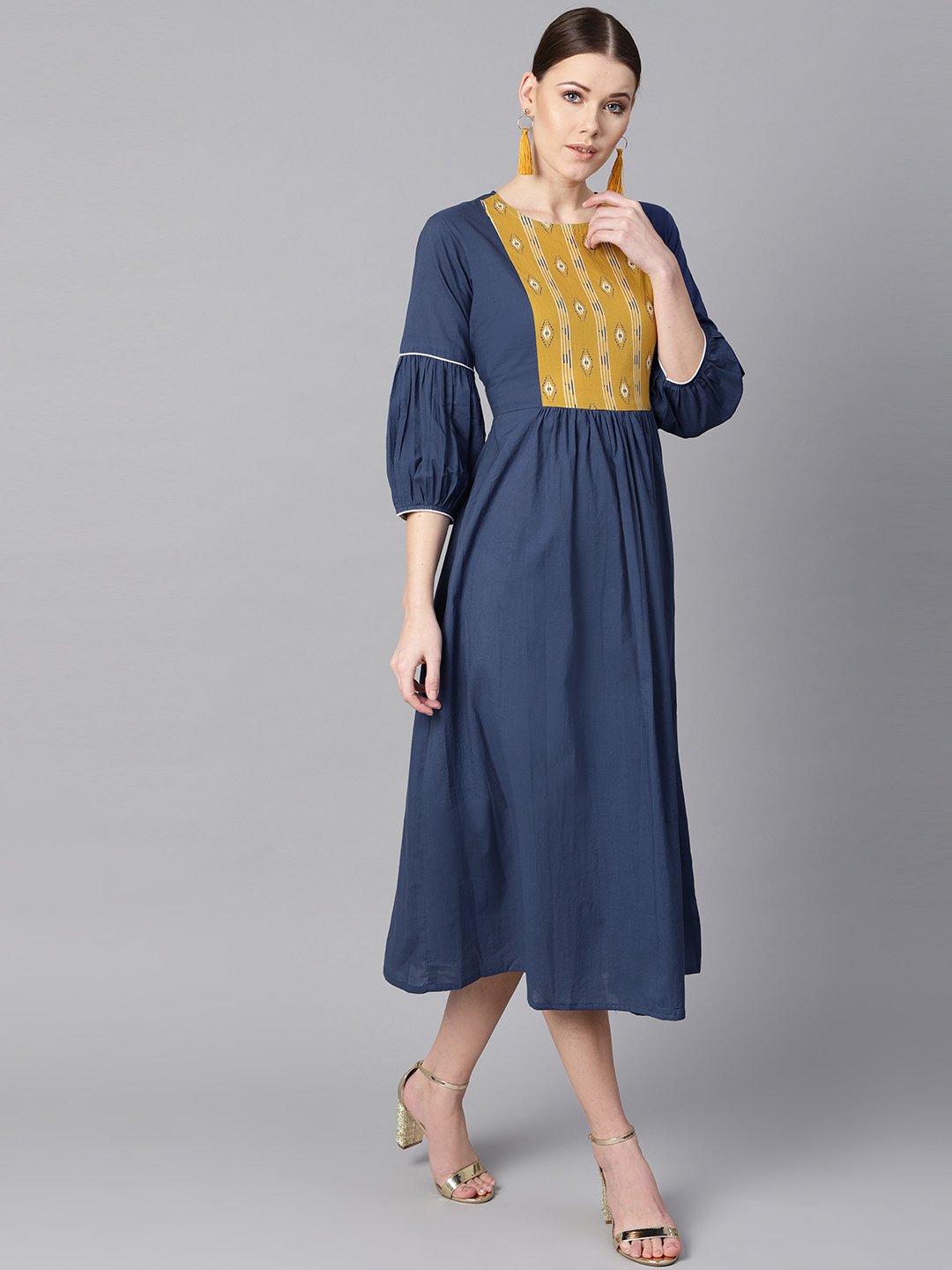 Solid Blue Dress With Front Printed Yoke & Pleated Sleeves | LASVINI - Redefining Indian Fashion with Elegance