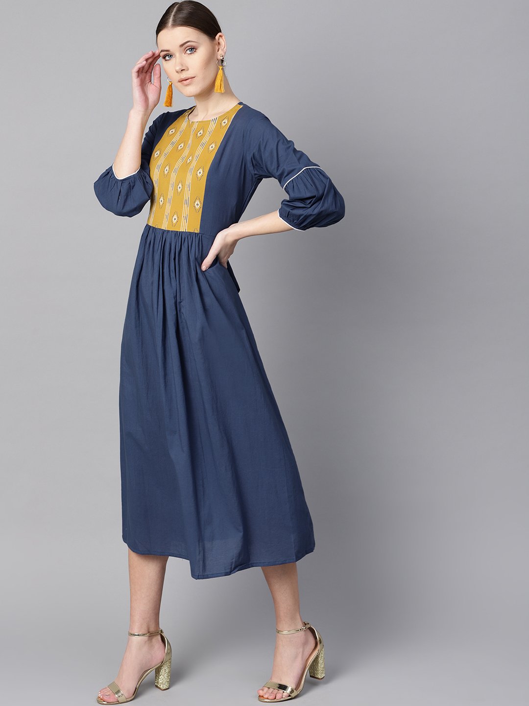 Solid Blue Dress With Front Printed Yoke & Pleated Sleeves | LASVINI - Redefining Indian Fashion with Elegance