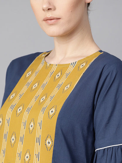 Solid Blue Dress With Front Printed Yoke & Pleated Sleeves | LASVINI - Redefining Indian Fashion with Elegance