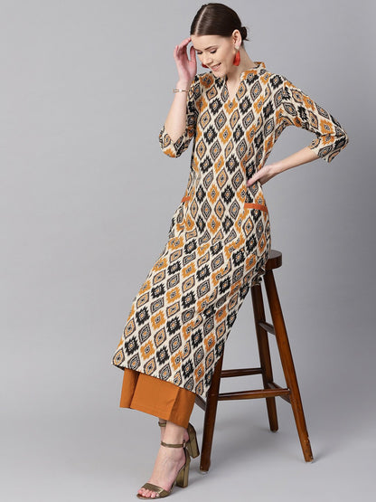 Brown Printed Half Sleeve With Pocket Details Kurta Set With Solid Brown Pants | LASVINI - Redefining Indian Fashion with Elegance