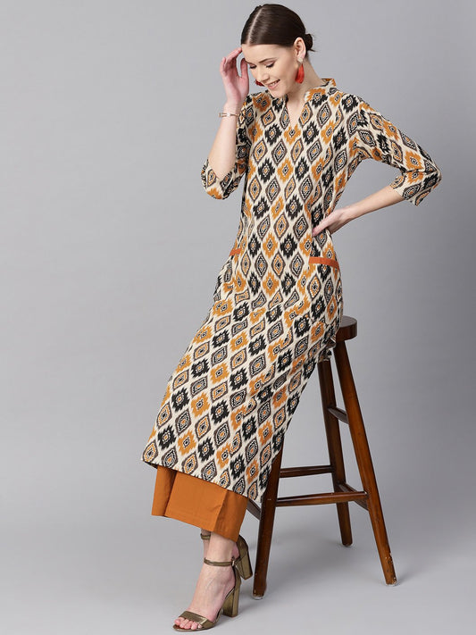 Brown Printed Half Sleeve With Pocket Details Kurta Set With Solid Brown Pants | LASVINI - Redefining Indian Fashion with Elegance