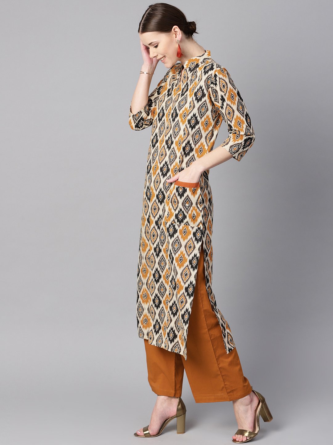 Brown Printed Half Sleeve With Pocket Details Kurta Set With Solid Brown Pants | LASVINI - Redefining Indian Fashion with Elegance