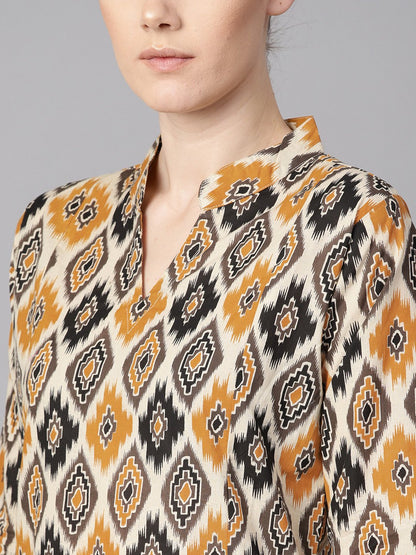 Brown Printed Half Sleeve With Pocket Details Kurta Set With Solid Brown Pants | LASVINI - Redefining Indian Fashion with Elegance