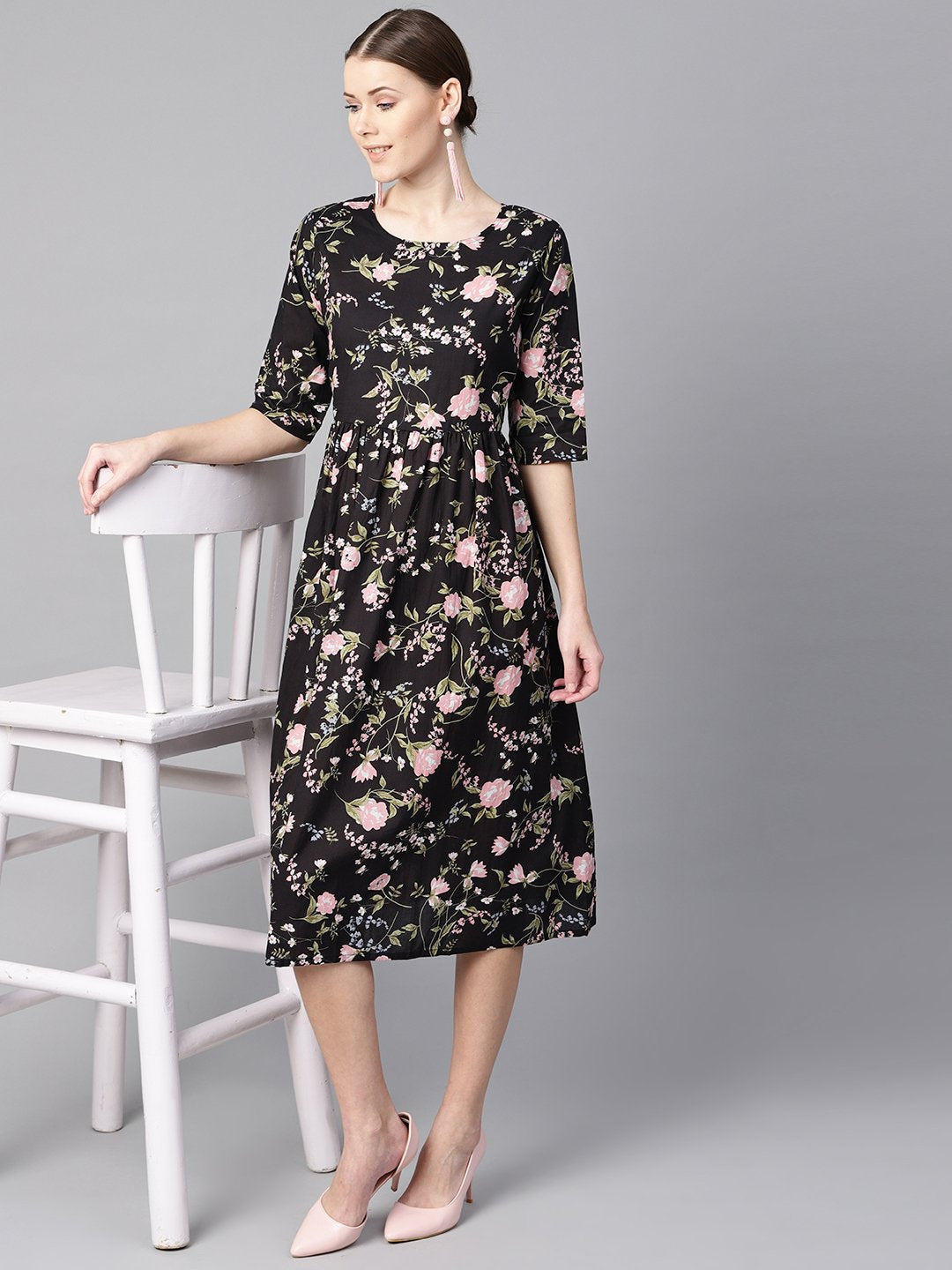 Black Floral Dress With Round Neck & Half Sleeves | LASVINI - Redefining Indian Fashion with Elegance