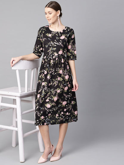 Black Floral Dress With Round Neck & Half Sleeves | LASVINI - Redefining Indian Fashion with Elegance