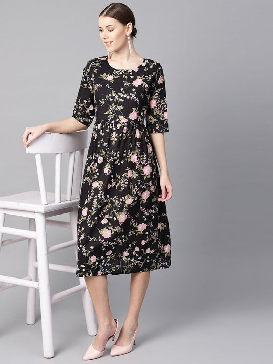 Black Floral Dress With Round Neck & Half Sleeves | LASVINI - Redefining Indian Fashion with Elegance