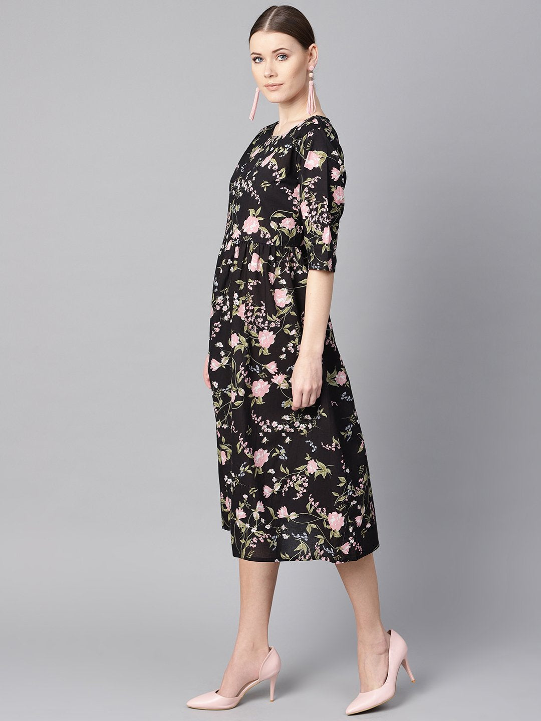 Black Floral Dress With Round Neck & Half Sleeves | LASVINI - Redefining Indian Fashion with Elegance