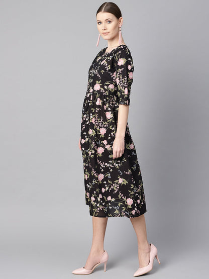 Black Floral Dress With Round Neck & Half Sleeves | LASVINI - Redefining Indian Fashion with Elegance