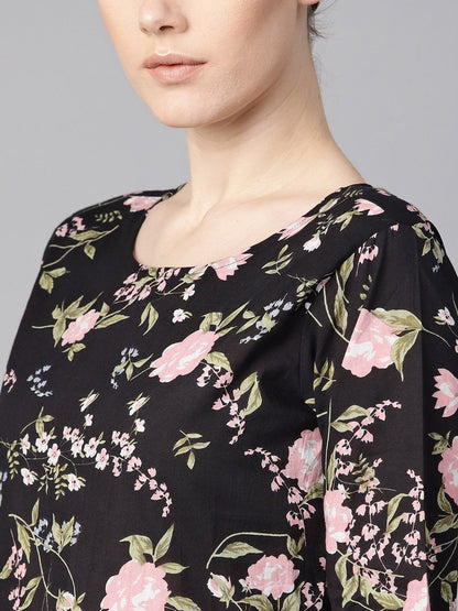 Black Floral Dress With Round Neck & Half Sleeves | LASVINI - Redefining Indian Fashion with Elegance