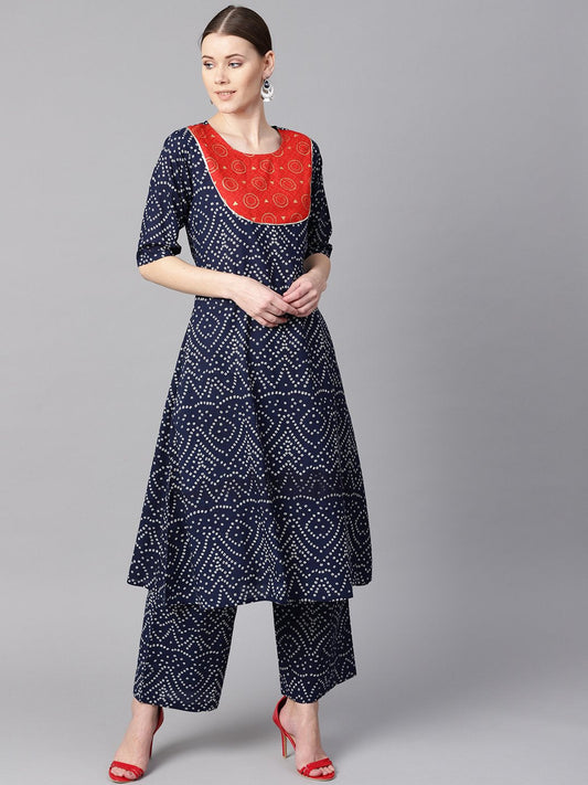 Navy Blue Half Sleeve Bandhni Print Kurta With Front Printed Yoke | LASVINI - Redefining Indian Fashion with Elegance
