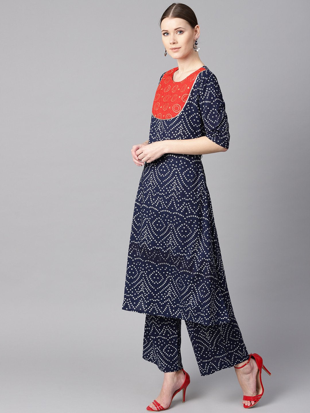 Navy Blue Half Sleeve Bandhni Print Kurta With Front Printed Yoke | LASVINI - Redefining Indian Fashion with Elegance