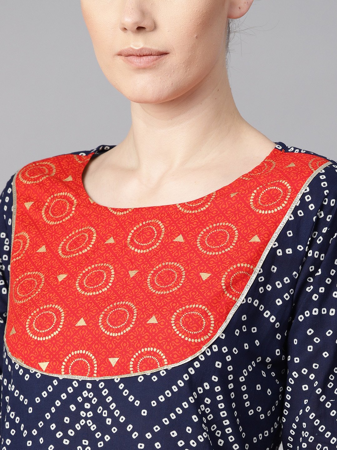 Navy Blue Half Sleeve Bandhni Print Kurta With Front Printed Yoke | LASVINI - Redefining Indian Fashion with Elegance