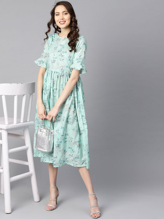 Sky Blue Floral Printed Dress With Flared Sleeves | LASVINI - Redefining Indian Fashion with Elegance