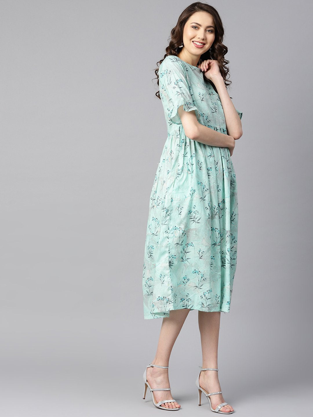Sky Blue Floral Printed Dress With Flared Sleeves | LASVINI - Redefining Indian Fashion with Elegance