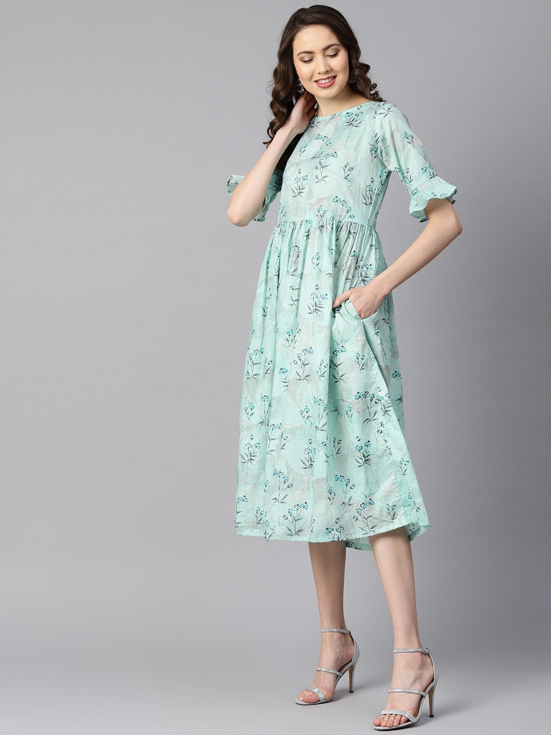 Sky Blue Floral Printed Dress With Flared Sleeves | LASVINI - Redefining Indian Fashion with Elegance