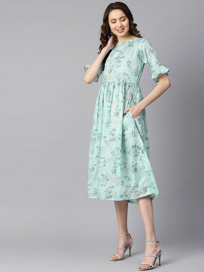 Sky Blue Floral Printed Dress With Flared Sleeves | LASVINI - Redefining Indian Fashion with Elegance