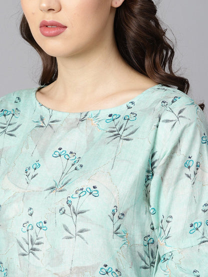 Sky Blue Floral Printed Dress With Flared Sleeves | LASVINI - Redefining Indian Fashion with Elegance
