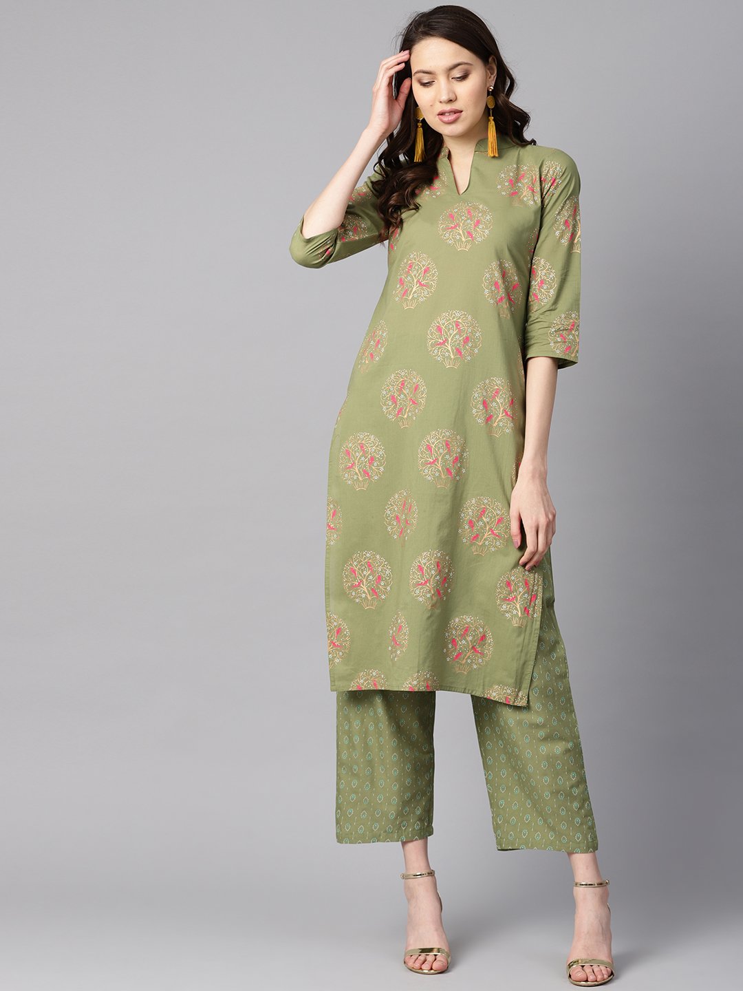 Pista Green Floral Printed 3/4Th Sleeve Kurta With Pista Green Printed Pants. | LASVINI - Redefining Indian Fashion with Elegance