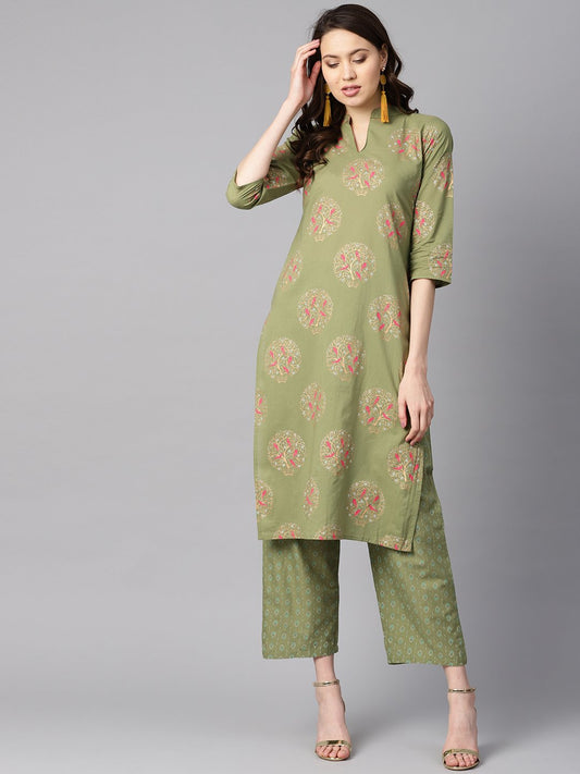 Pista Green Floral Printed 3/4Th Sleeve Kurta With Pista Green Printed Pants. | LASVINI - Redefining Indian Fashion with Elegance