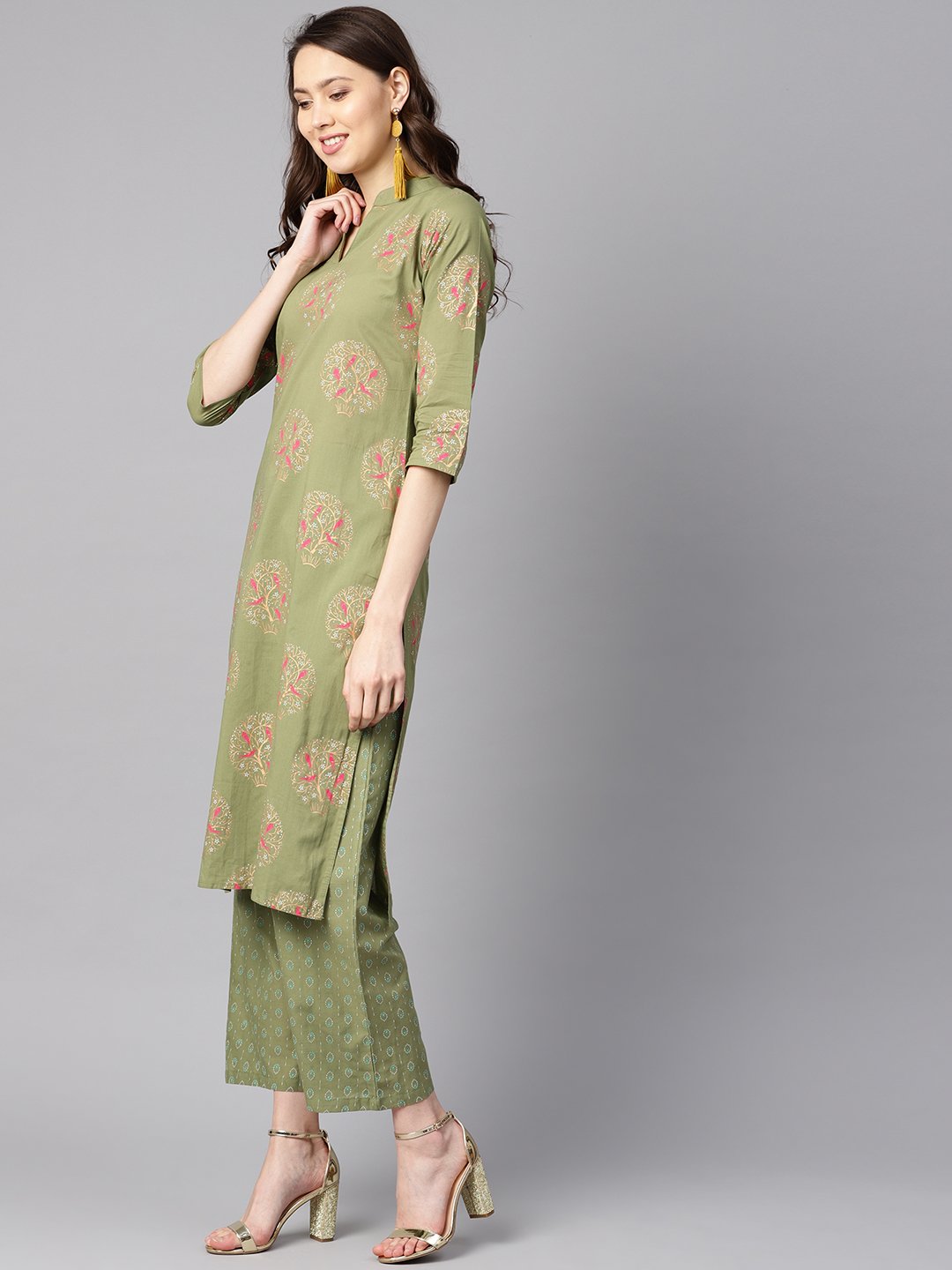 Pista Green Floral Printed 3/4Th Sleeve Kurta With Pista Green Printed Pants. | LASVINI - Redefining Indian Fashion with Elegance