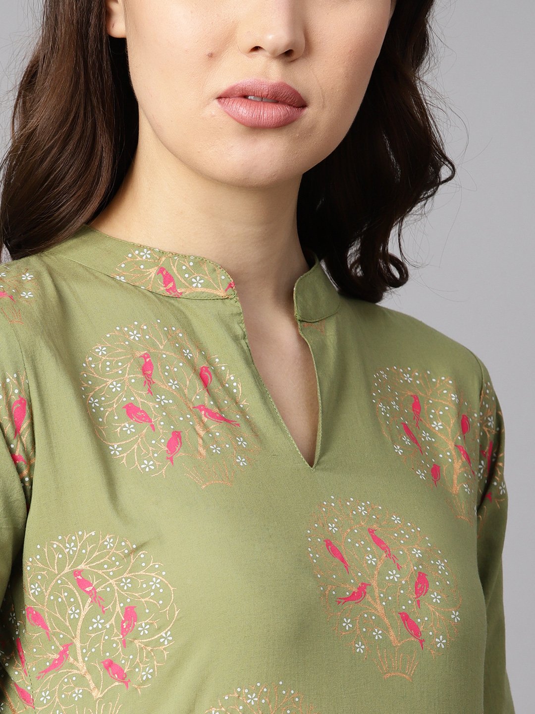 Pista Green Floral Printed 3/4Th Sleeve Kurta With Pista Green Printed Pants. | LASVINI - Redefining Indian Fashion with Elegance