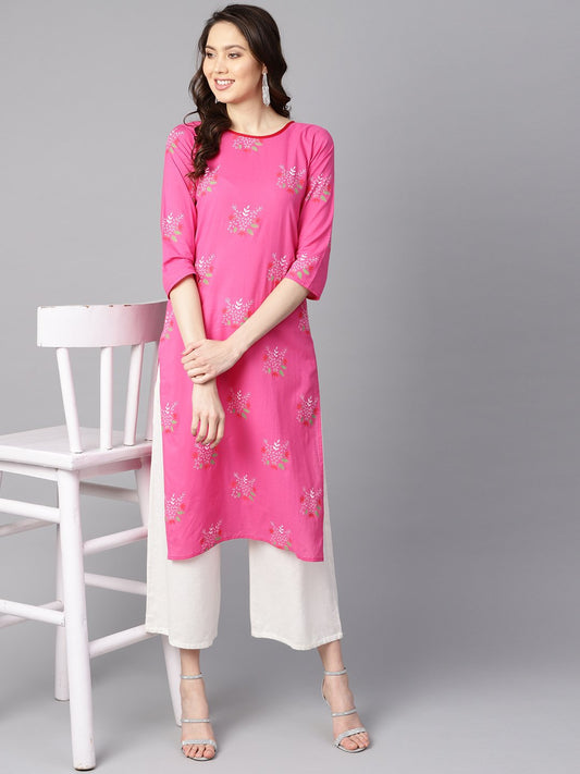 Pink Round Neck Floral Printed Cotton Straight Kurta | LASVINI - Redefining Indian Fashion with Elegance