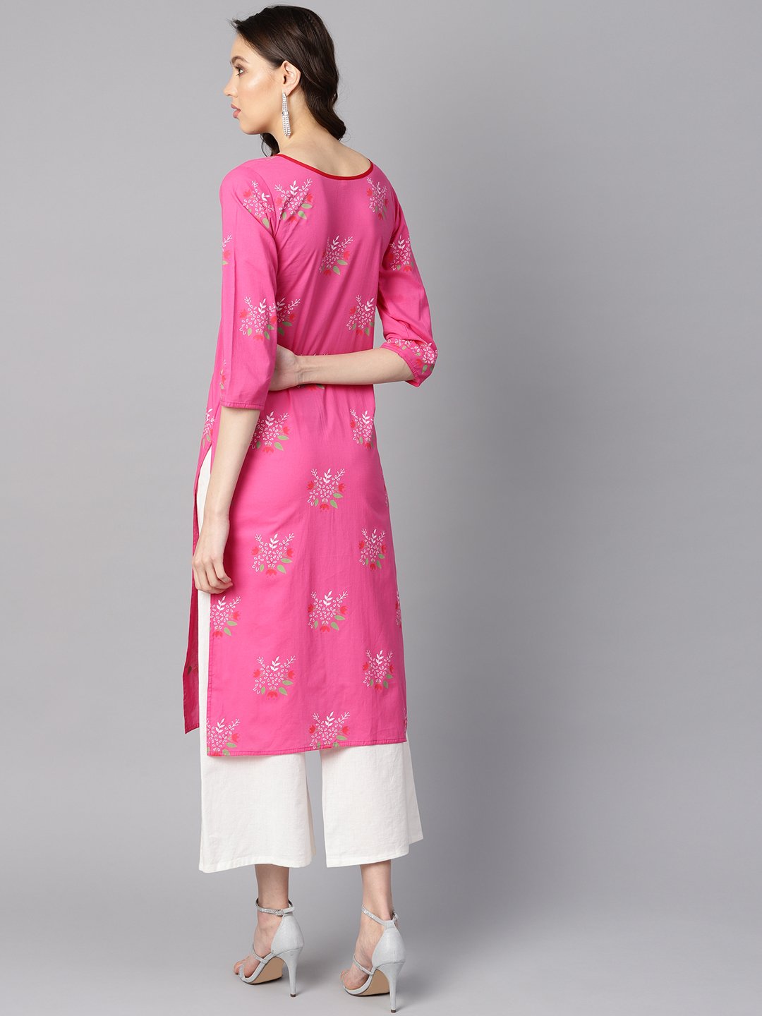 Pink Round Neck Floral Printed Cotton Straight Kurta | LASVINI - Redefining Indian Fashion with Elegance
