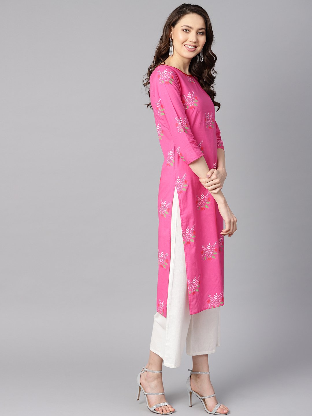 Pink Round Neck Floral Printed Cotton Straight Kurta | LASVINI - Redefining Indian Fashion with Elegance