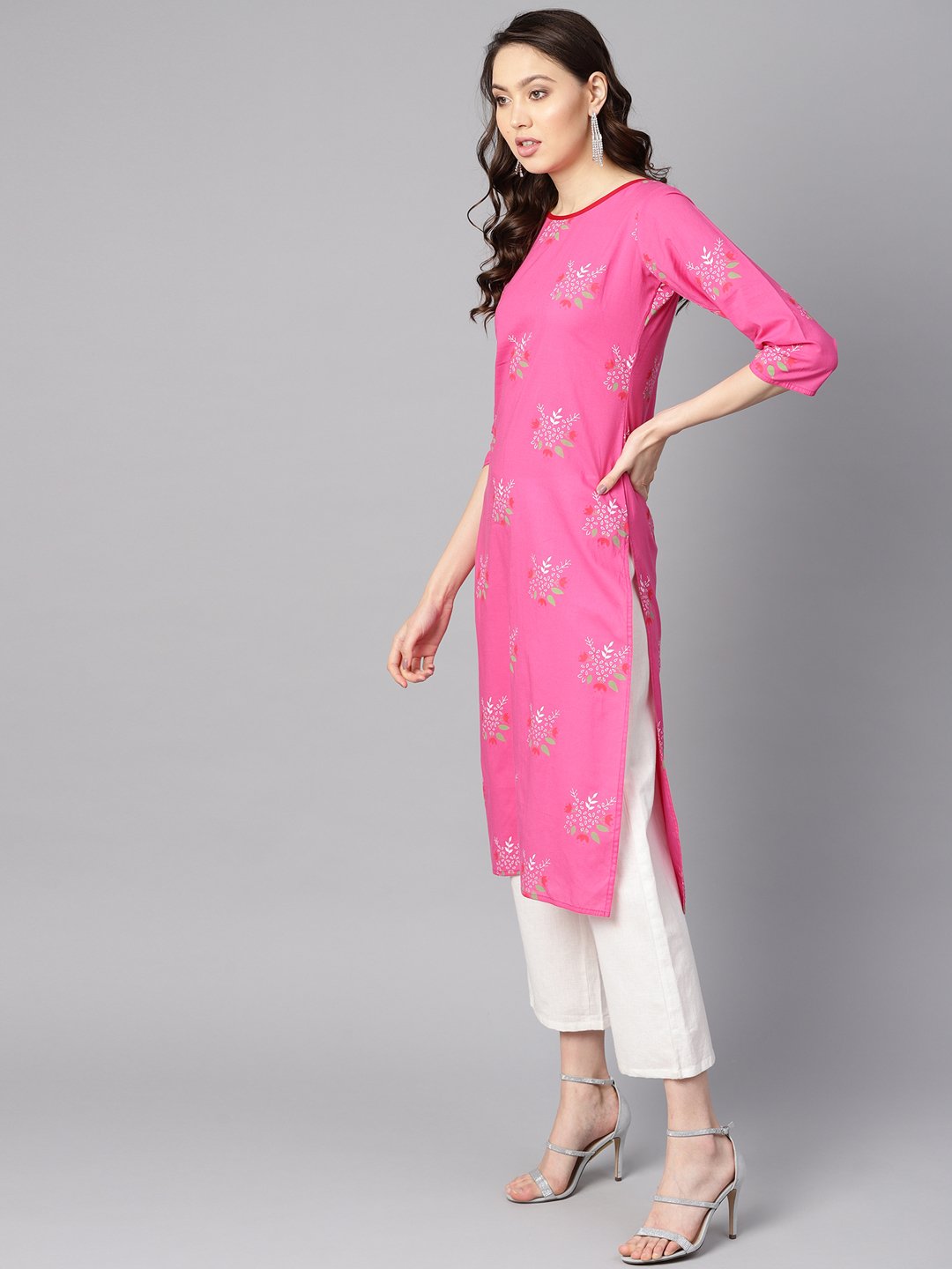 Pink Round Neck Floral Printed Cotton Straight Kurta | LASVINI - Redefining Indian Fashion with Elegance
