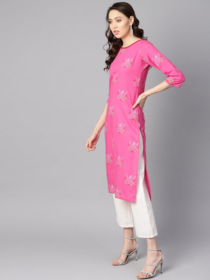 Pink Round Neck Floral Printed Cotton Straight Kurta | LASVINI - Redefining Indian Fashion with Elegance